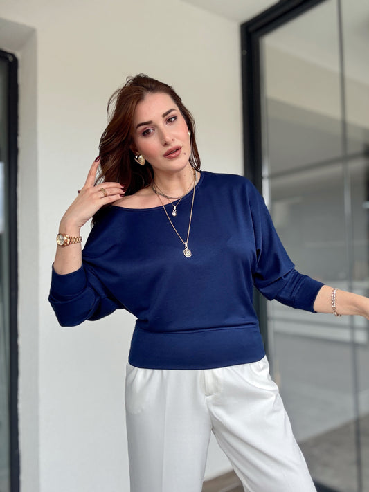 Kayık yaka modal kumaş bluz-LACİVERT
