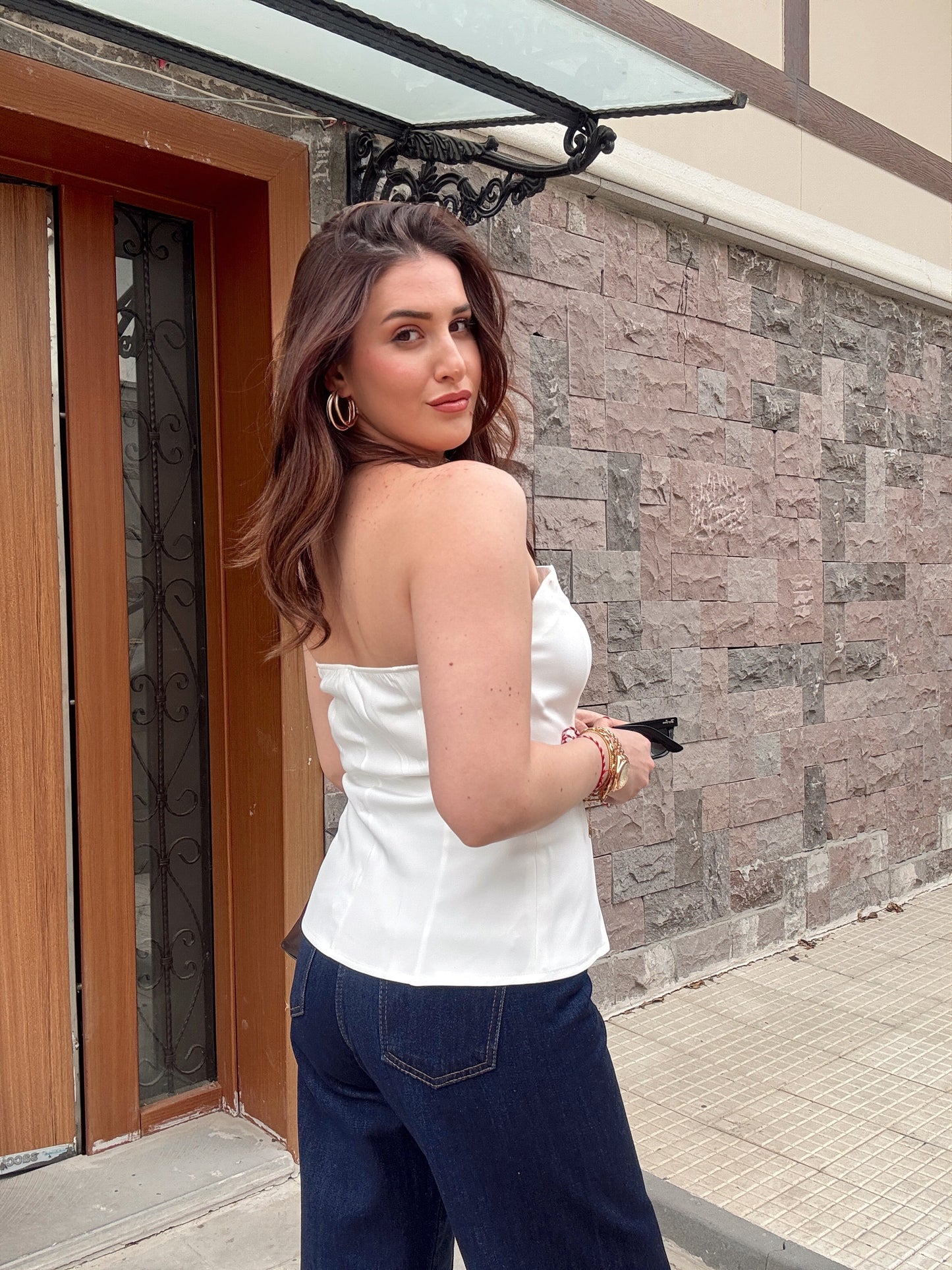 Straplez Önden Düğme Detaylı Bluz Beyaz