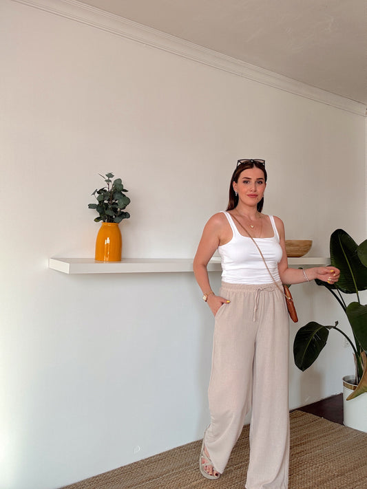 Bel lastik detaylı bol paça keten pantolon -TAŞ