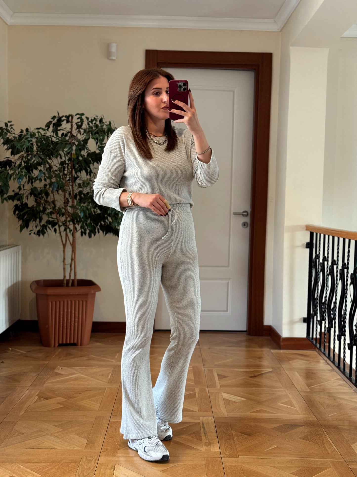 Fitilli bisiklet yaka crop bol paça pantolon takım-GRİ