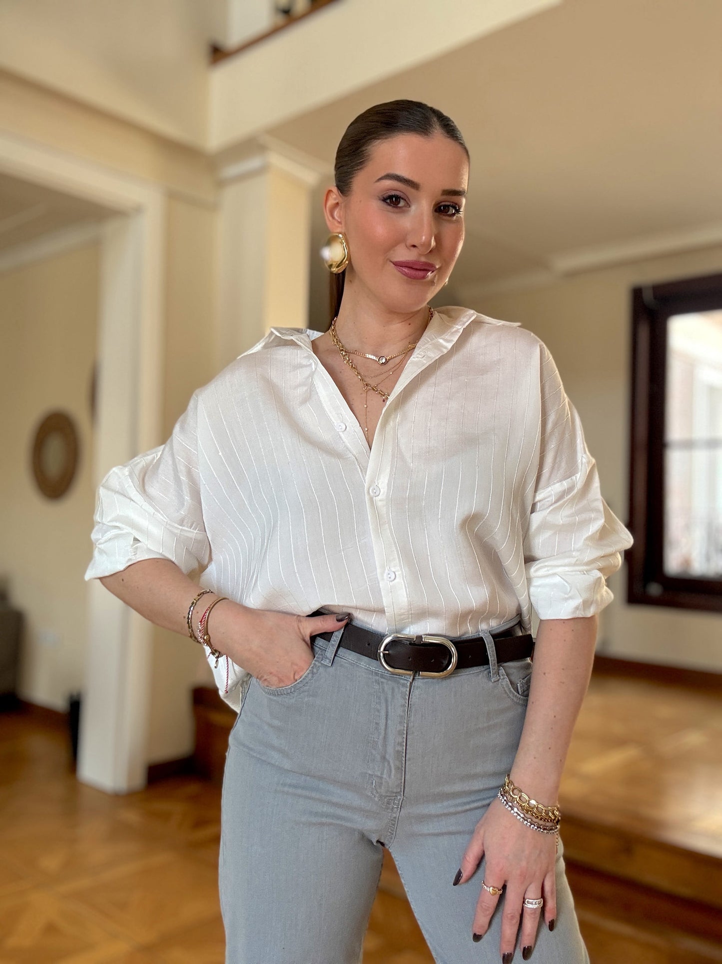 5 Düğme pullu gömlek Ekru