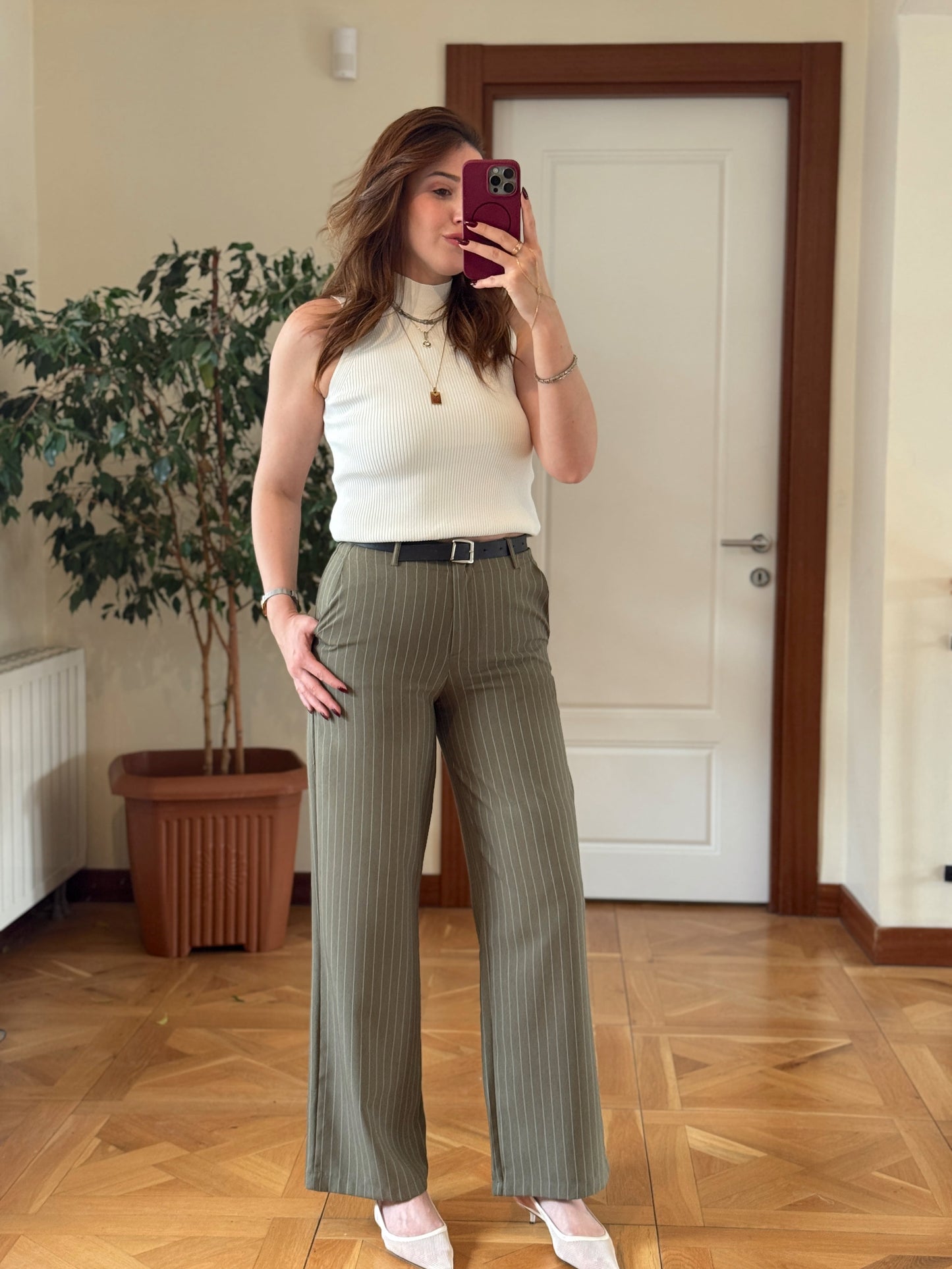 Çizgili kemerli pantolon-HAKİ