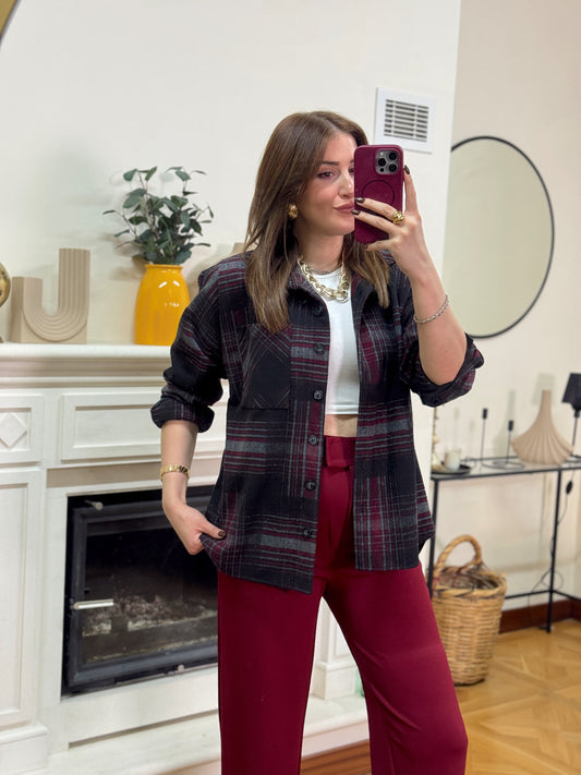 Ekose desen tek cepli gömlek BORDO