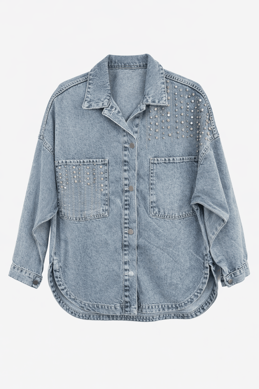 Maxwel cep ve omuz taş detaylı kot ceket BUZ MAVİ