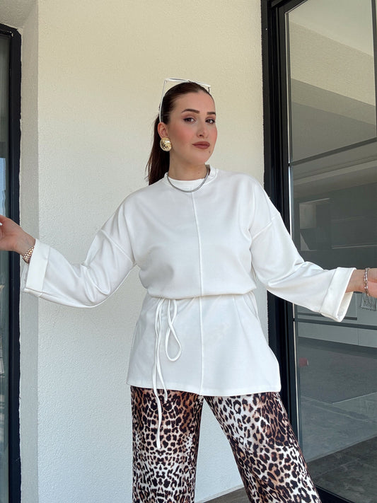 Modal kumaş duble kol tunik-BEYAZ