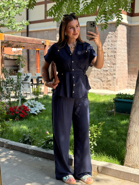 Bağlamalı Premium keten takım Lacivert