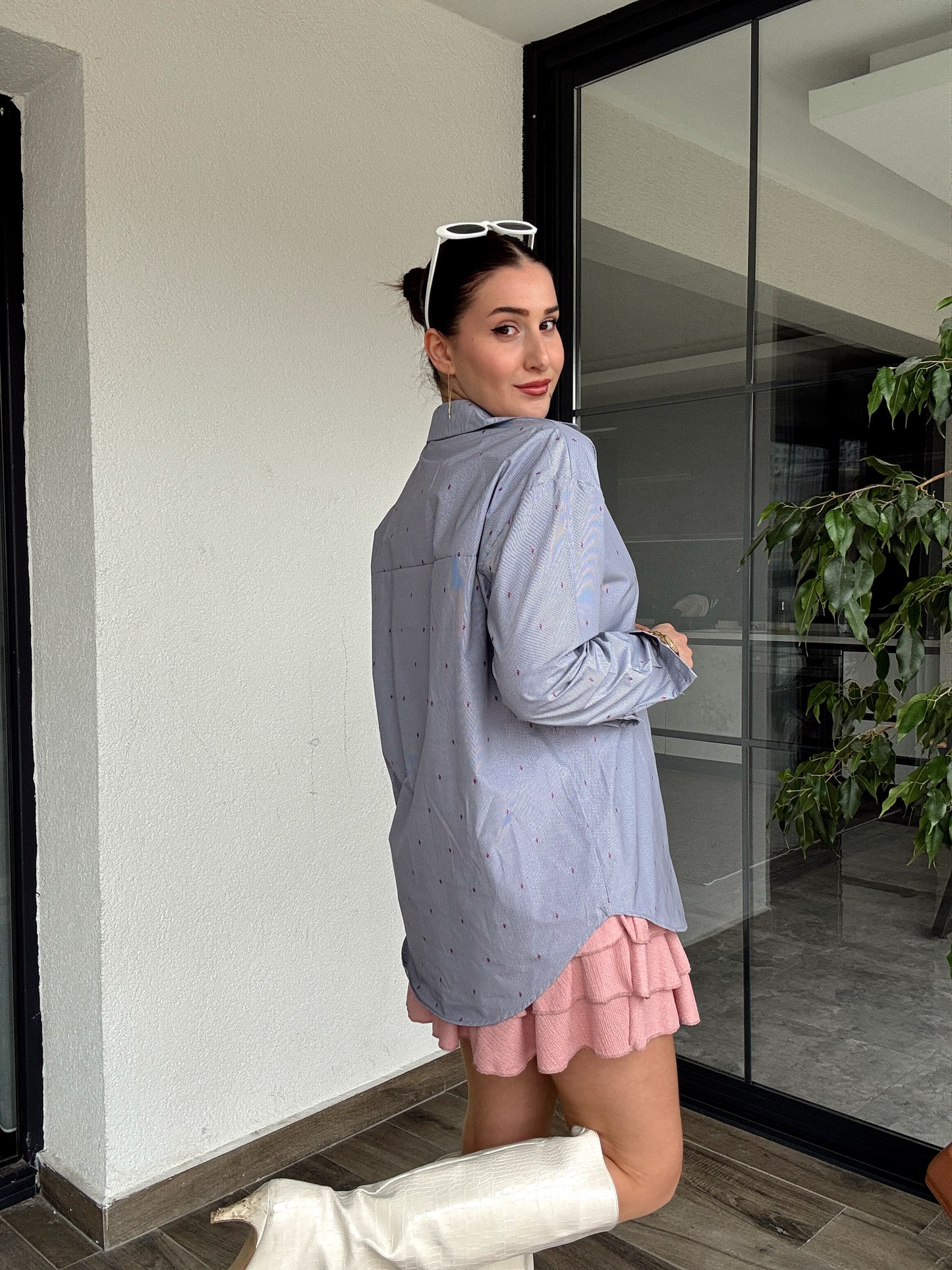 Cotton Çizgili Gömlek - GRİ