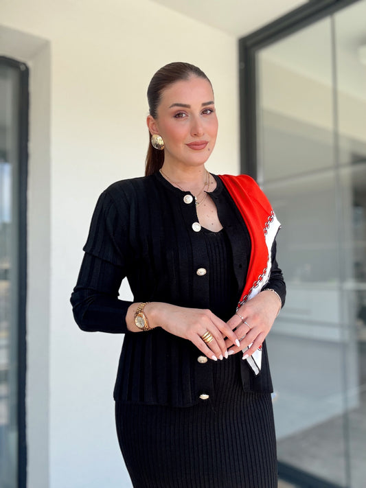 Fitilli Düğmeli Triko Takım Siyah