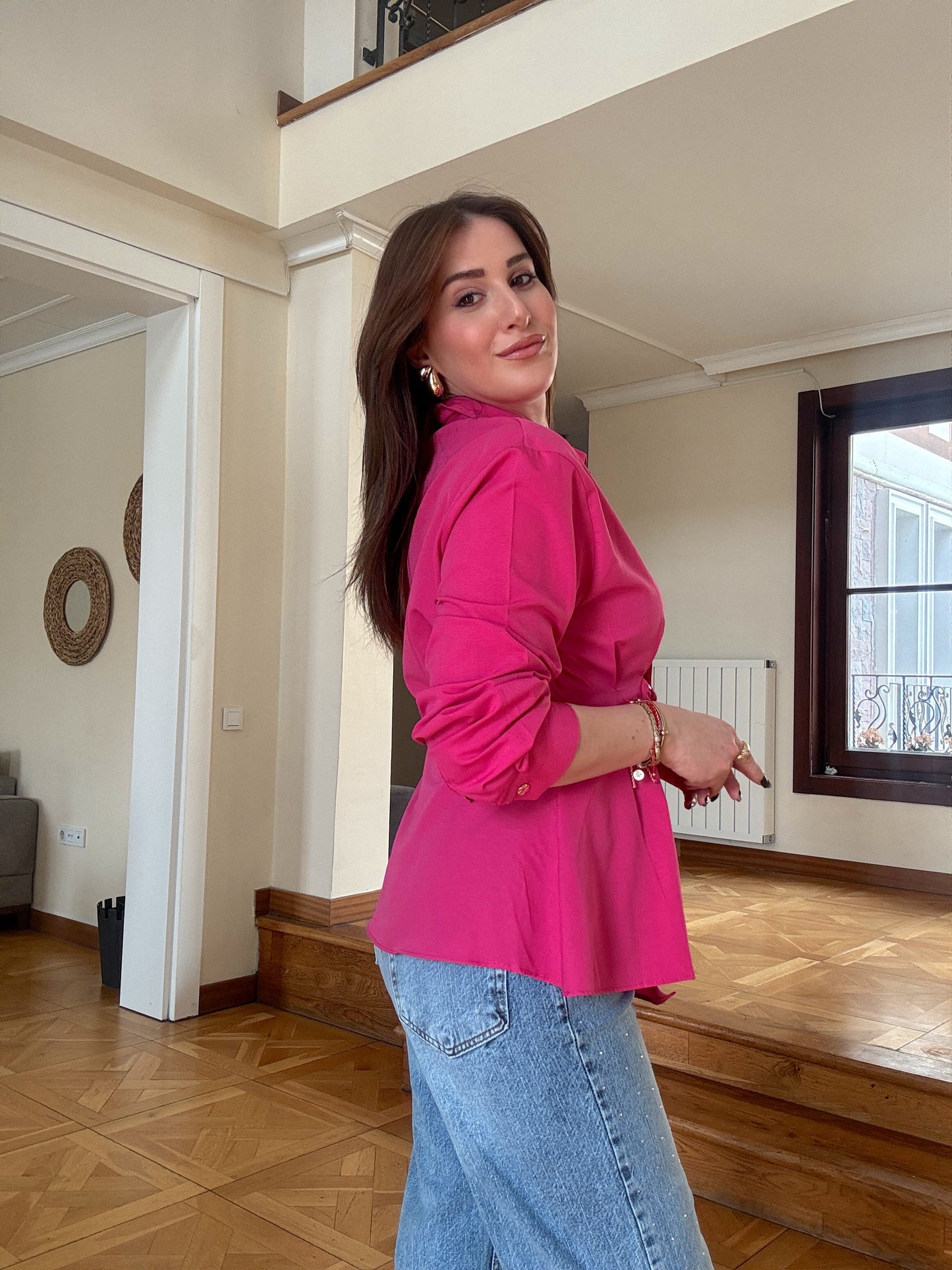 Önü tokalı gömlek-Fuşya