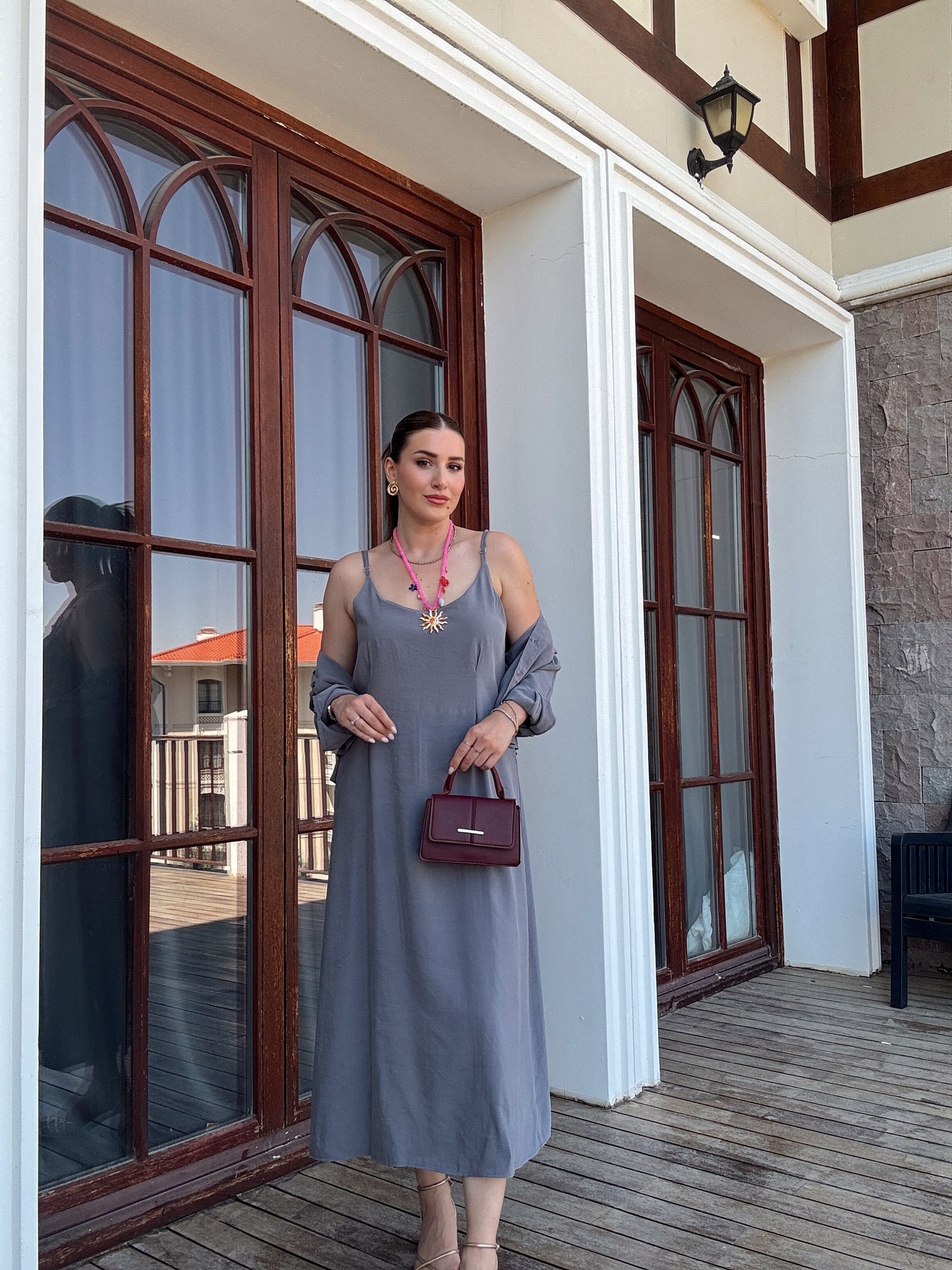 LİZBON gömlek elbiseli ikili takım GRİ