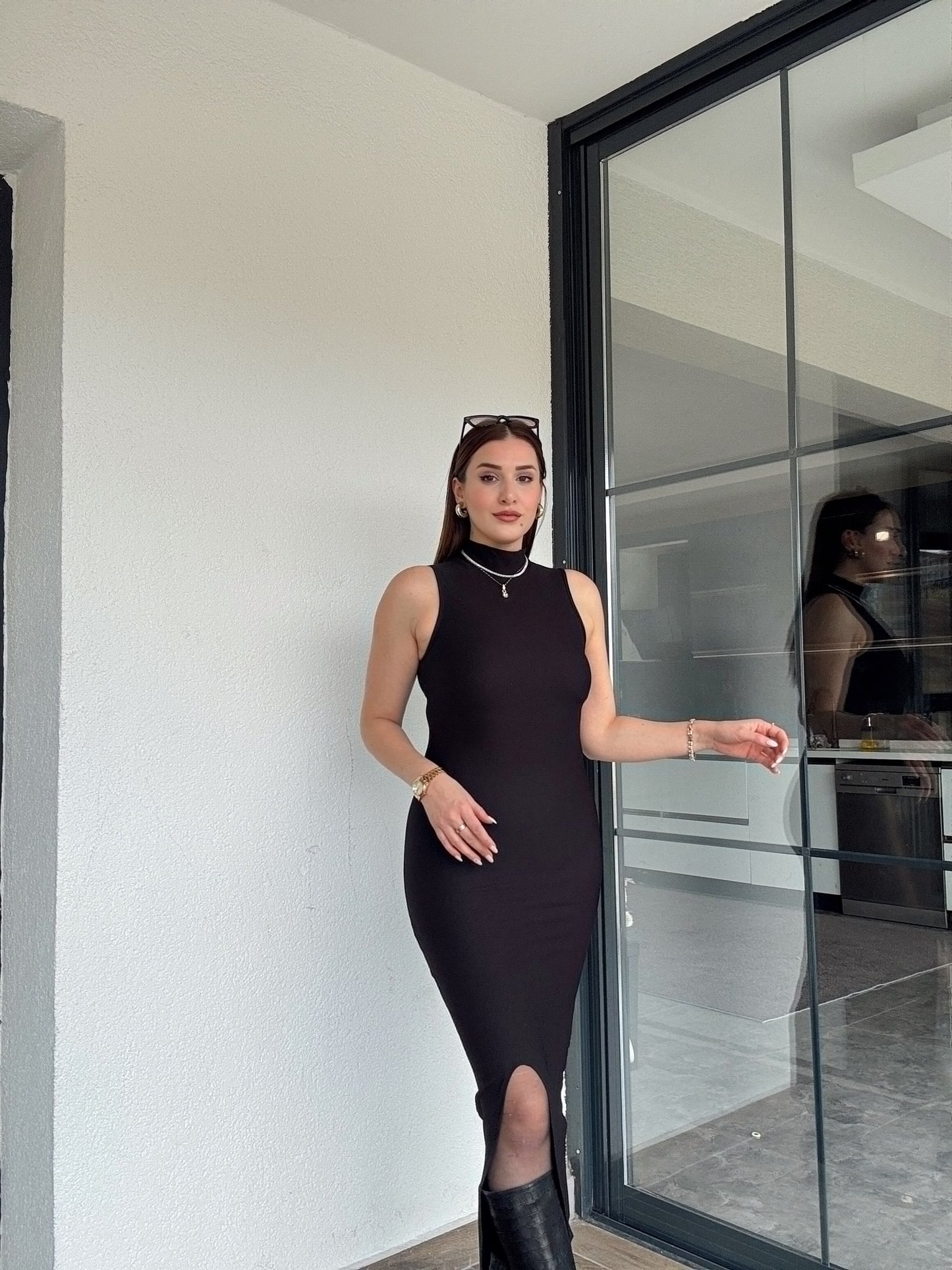 Balıkçı yaka kolsuz elbise-SİYAH