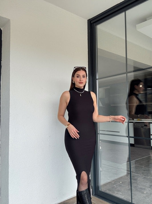 Balıkçı yaka kolsuz elbise-SİYAH