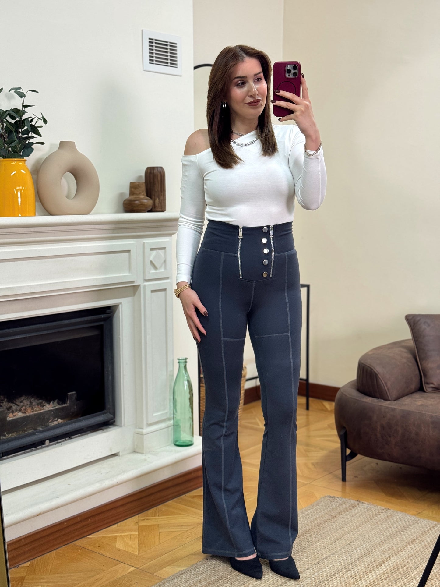 Tek omuz kayık yaka uzun kol badi-EKRU