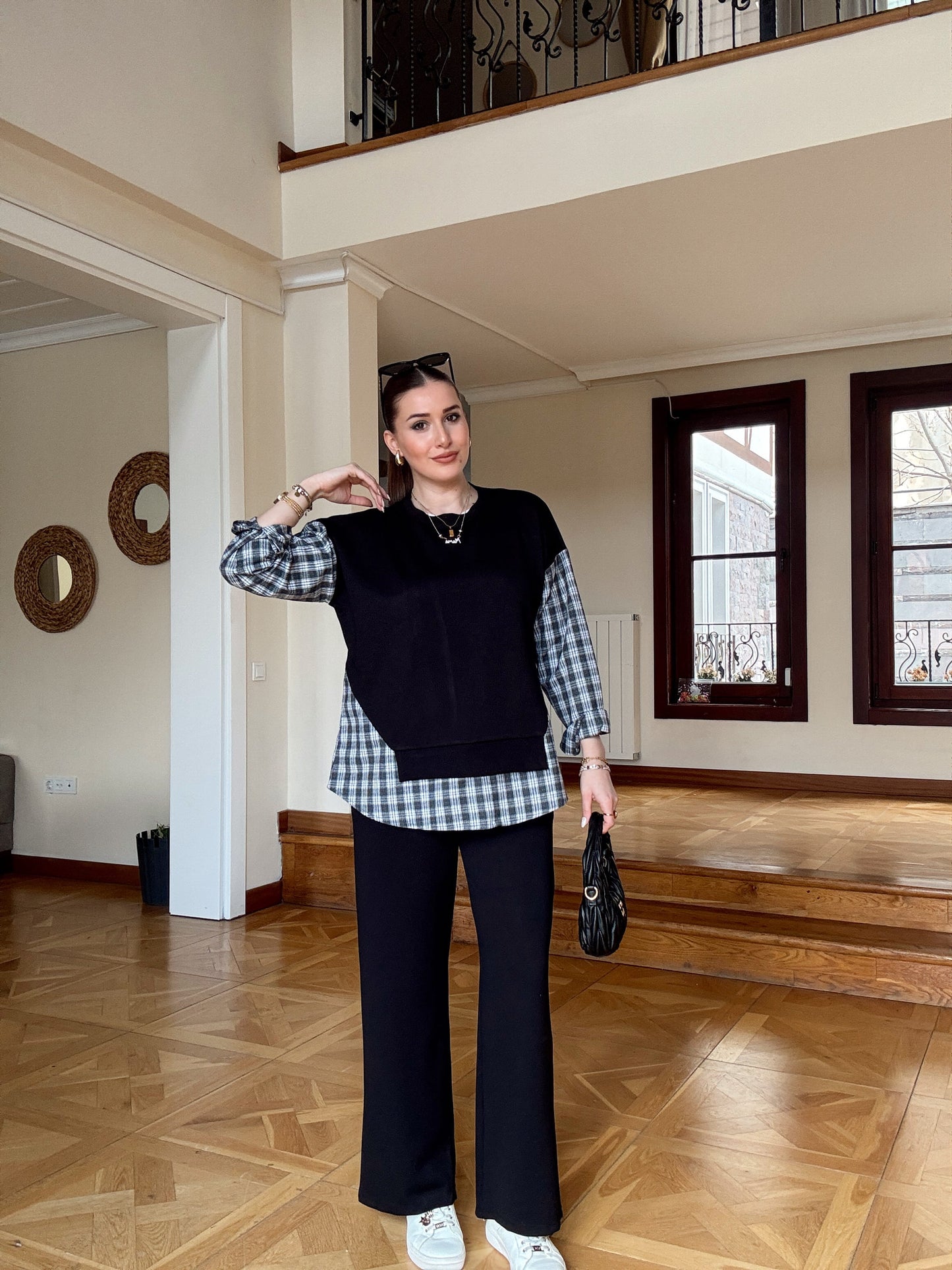 Ekose Desen Garnili Takım-SİYAH