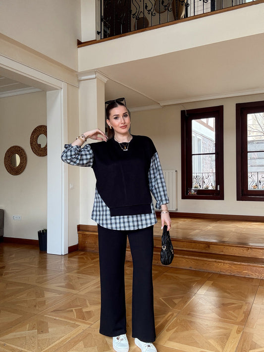 Ekose Desen Garnili Takım-SİYAH