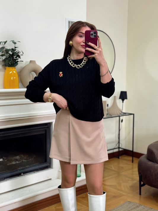 Saç örgü küçük ayıcık işlemeli kazak-SİYAH