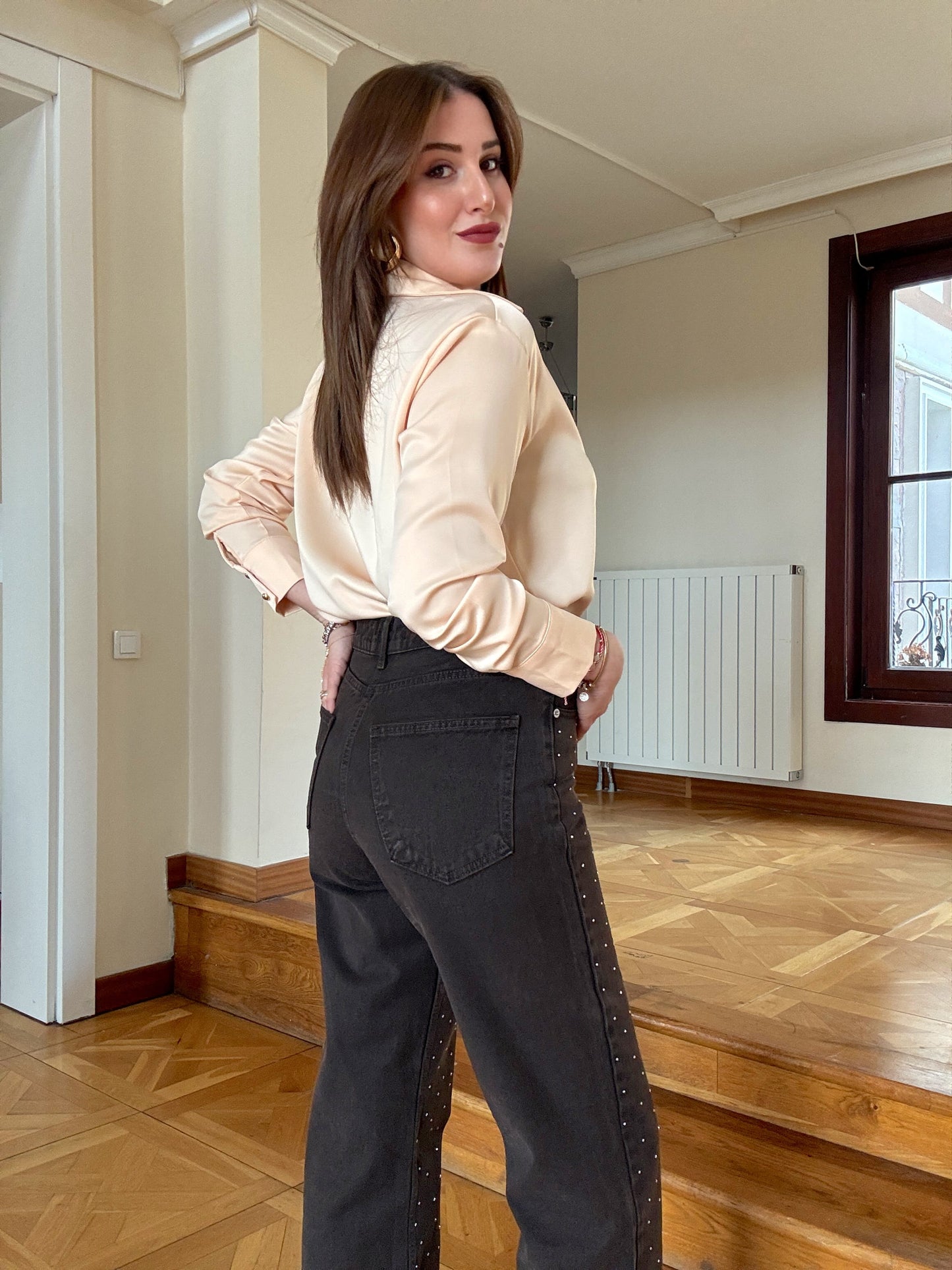 Taşlı Palazzo Jean Pantolon Kahve