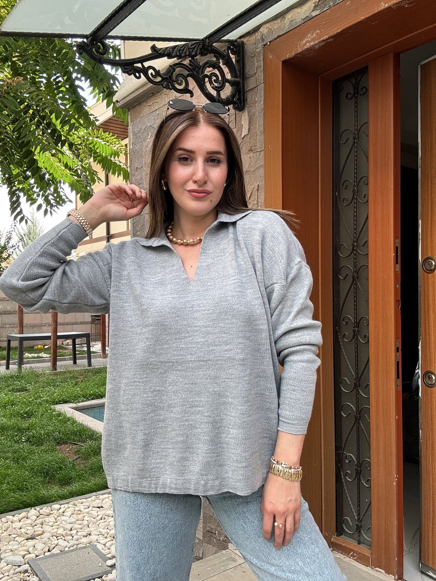 Polo Yaka Basic Triko Kazak - GRİ