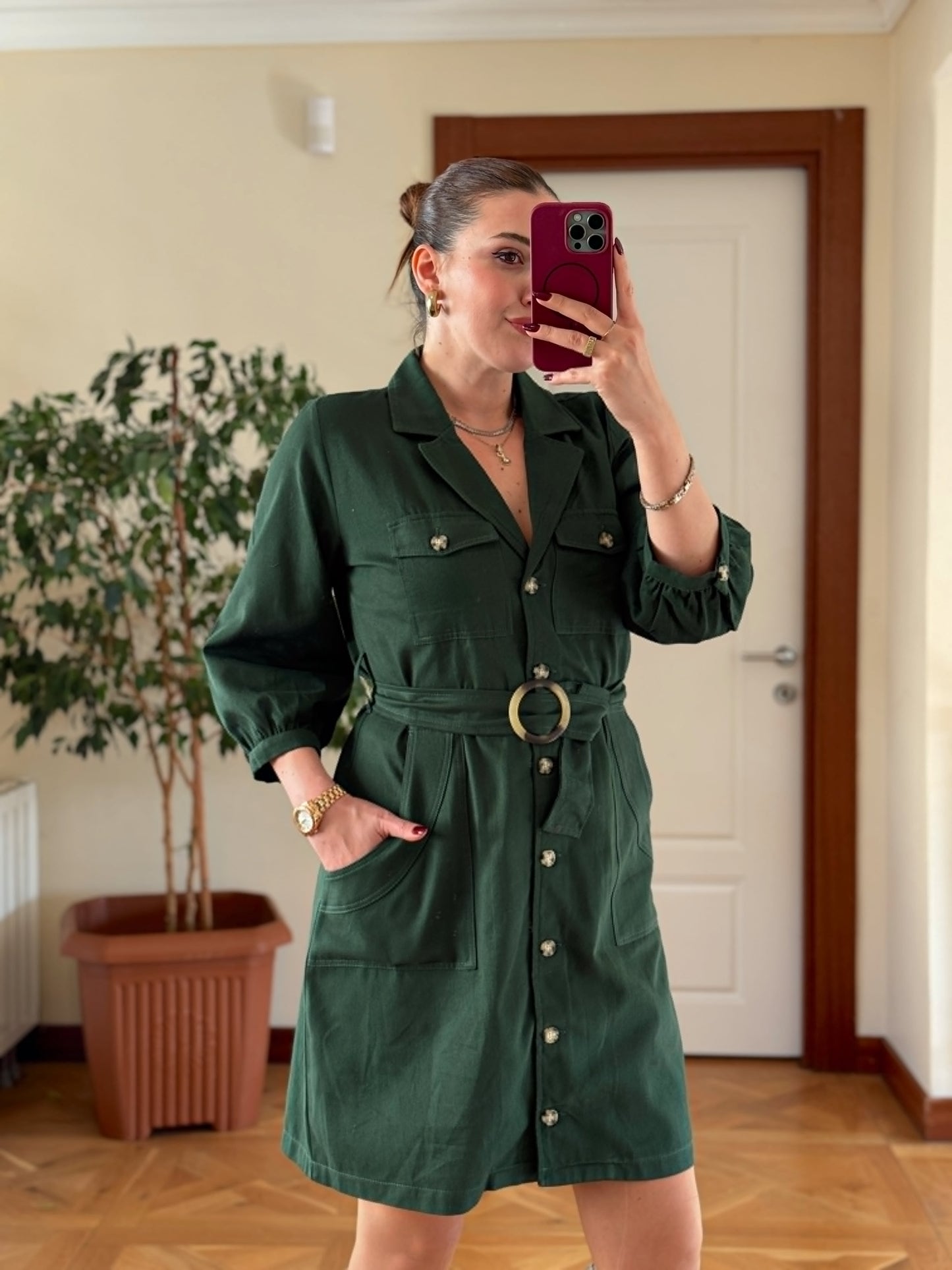 Kruvaze yaka cepli full düğme elbise-YEŞİL