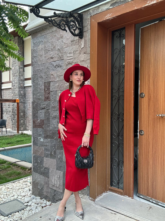 Ceketli Elbiseli Triko Takım - KIRMIZI