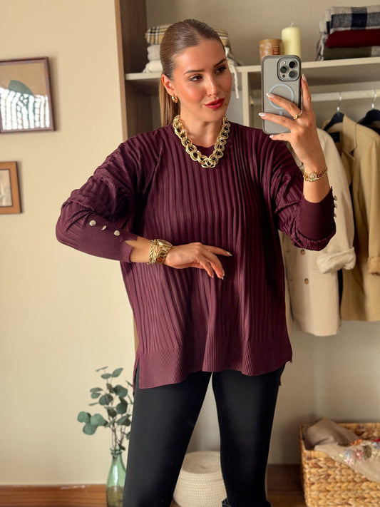 Oversize kesim düğmeli bol kazak Mürdüm