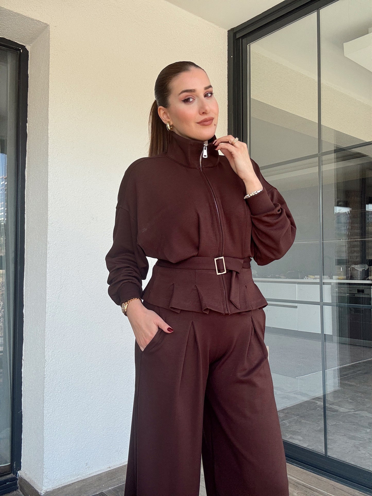 Modal kumaş dik yaka etek pileli ceket pantolon takım-KAHVERENGİ