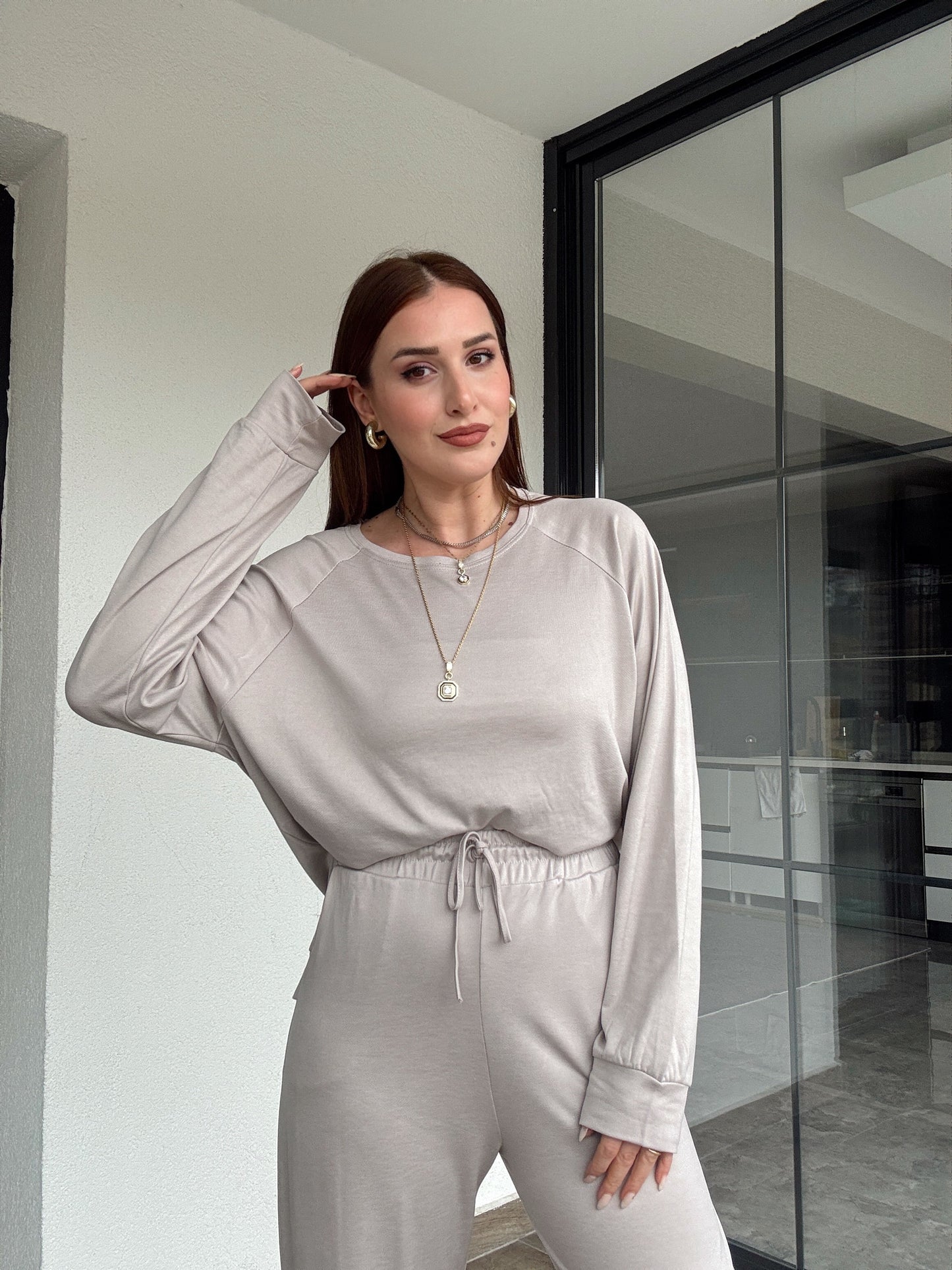 Modal kumaş reglan kol yırtmaç detaylı takım-TAŞ