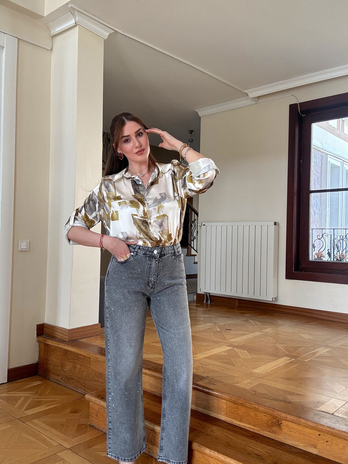 Taşlı Palazzo Jean Pantolon Gri