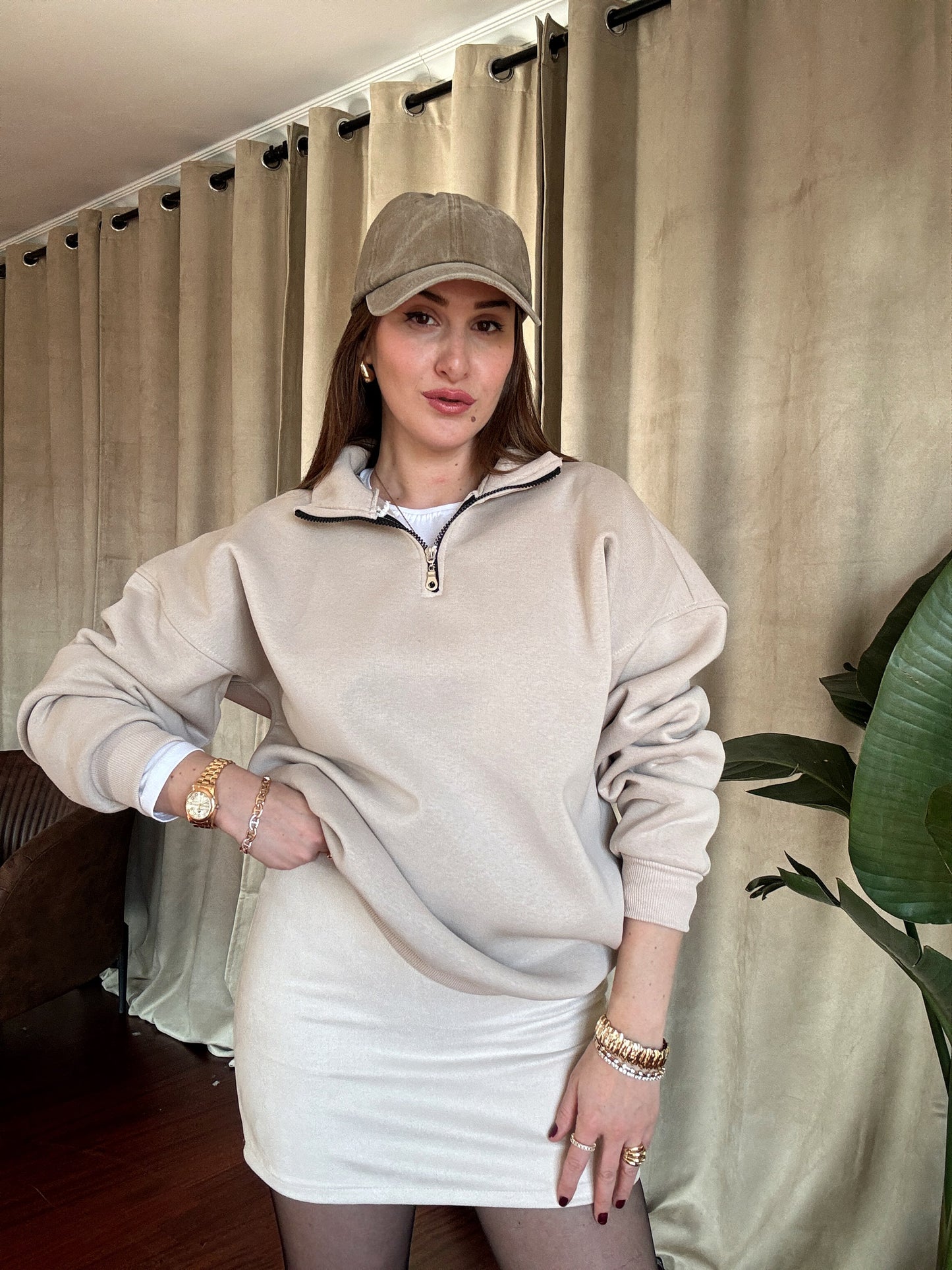 3 İplik Şardonlu Yarım Fermuarlı Sweatshirt - TAŞ