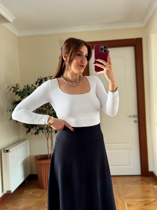 Kare yaka uzun kol bluz-BEYAZ