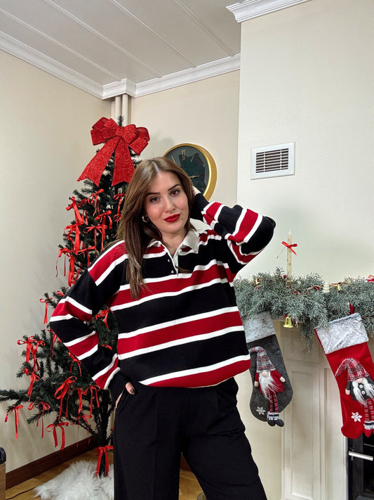 Düğmeli polo yaka triko kazak SİYAH-BORDO