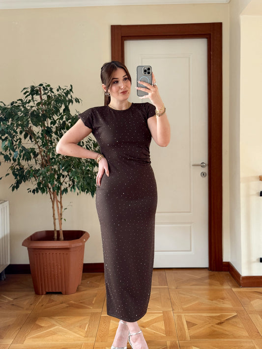 Vatkalı Taşlı Kısa Kol Elbise-KAHVERENGİ