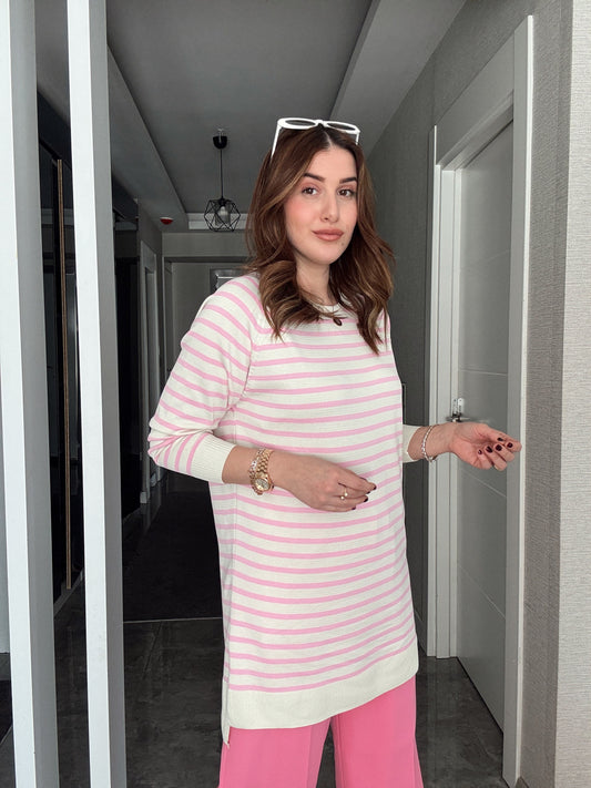 İTALYAN KOL ÇİZGİLİ POLİELİT KAZAK - PEMBE