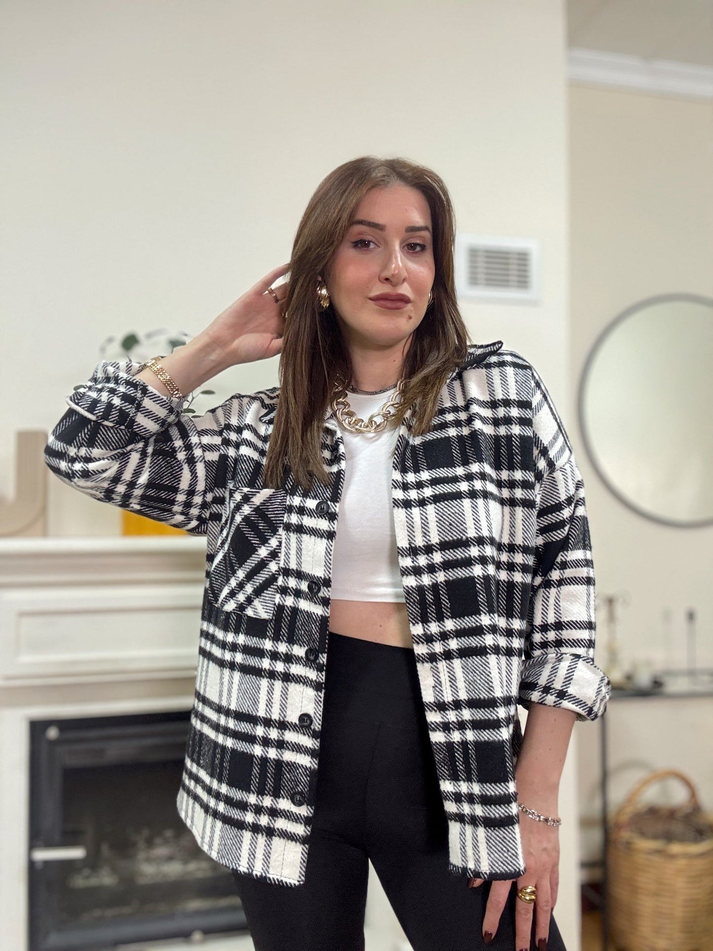 Ekose desen tek cepli gömlek SİYAH-BEYAZ