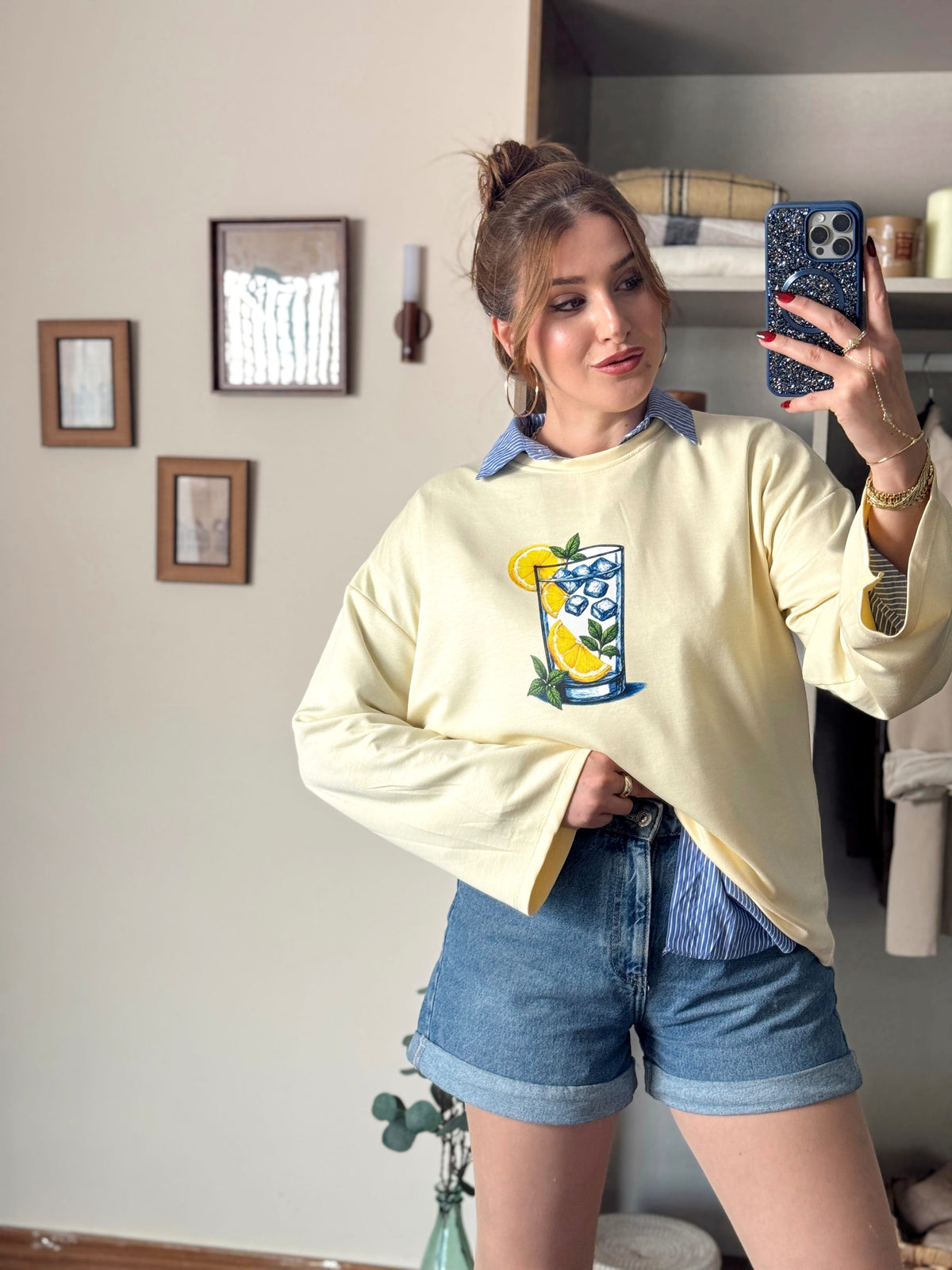 Limon buzlu bardak baskılı oversize modal sweat Sarı