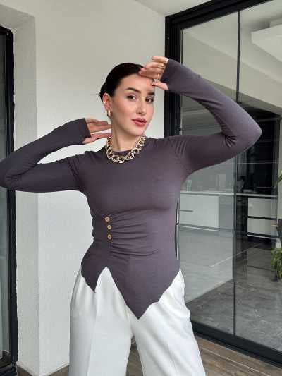 Asimetrik kesim düğmeli badi-FÜME