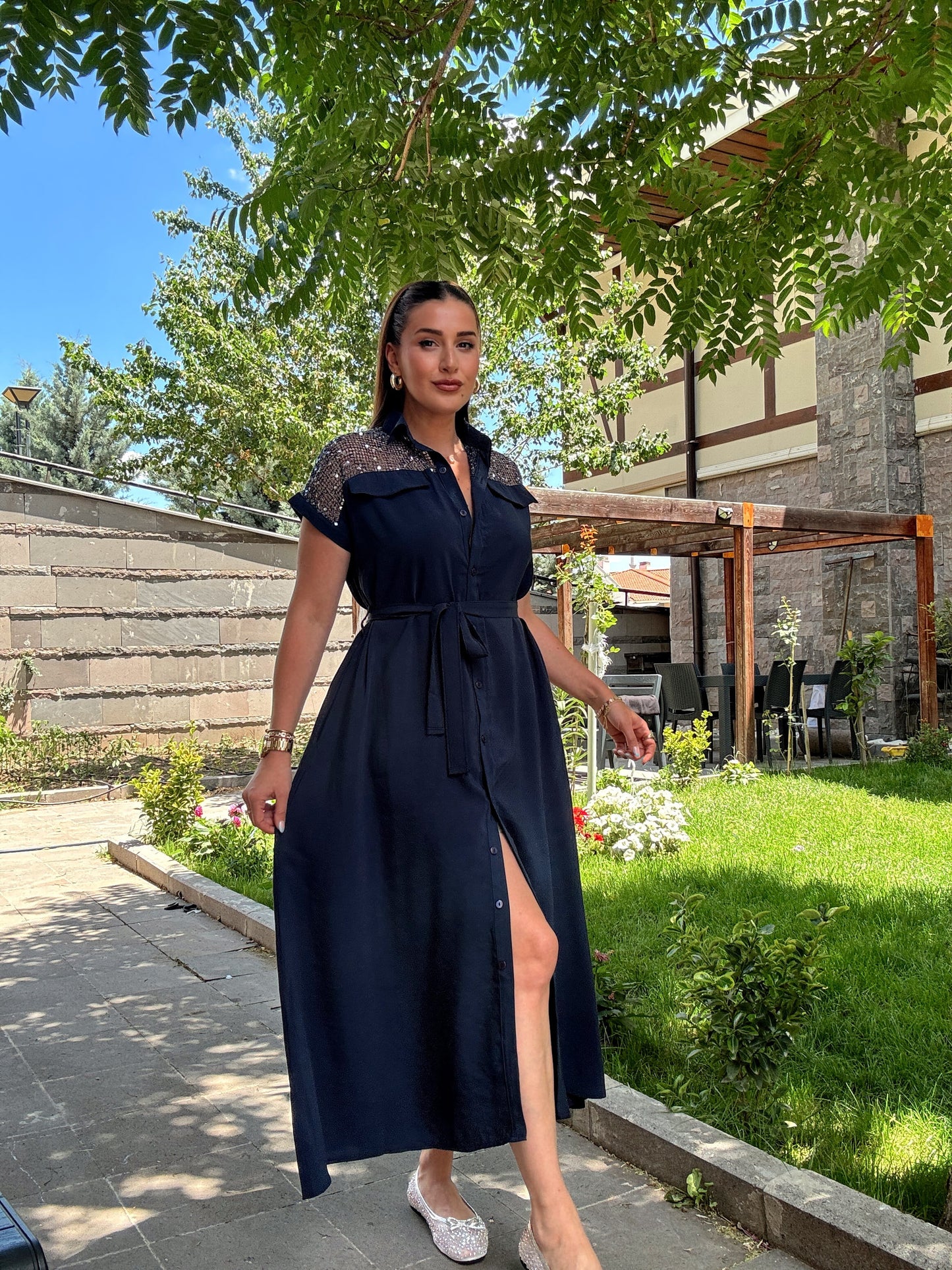 Omuz pul detaylı tensel elbise Lacivert
