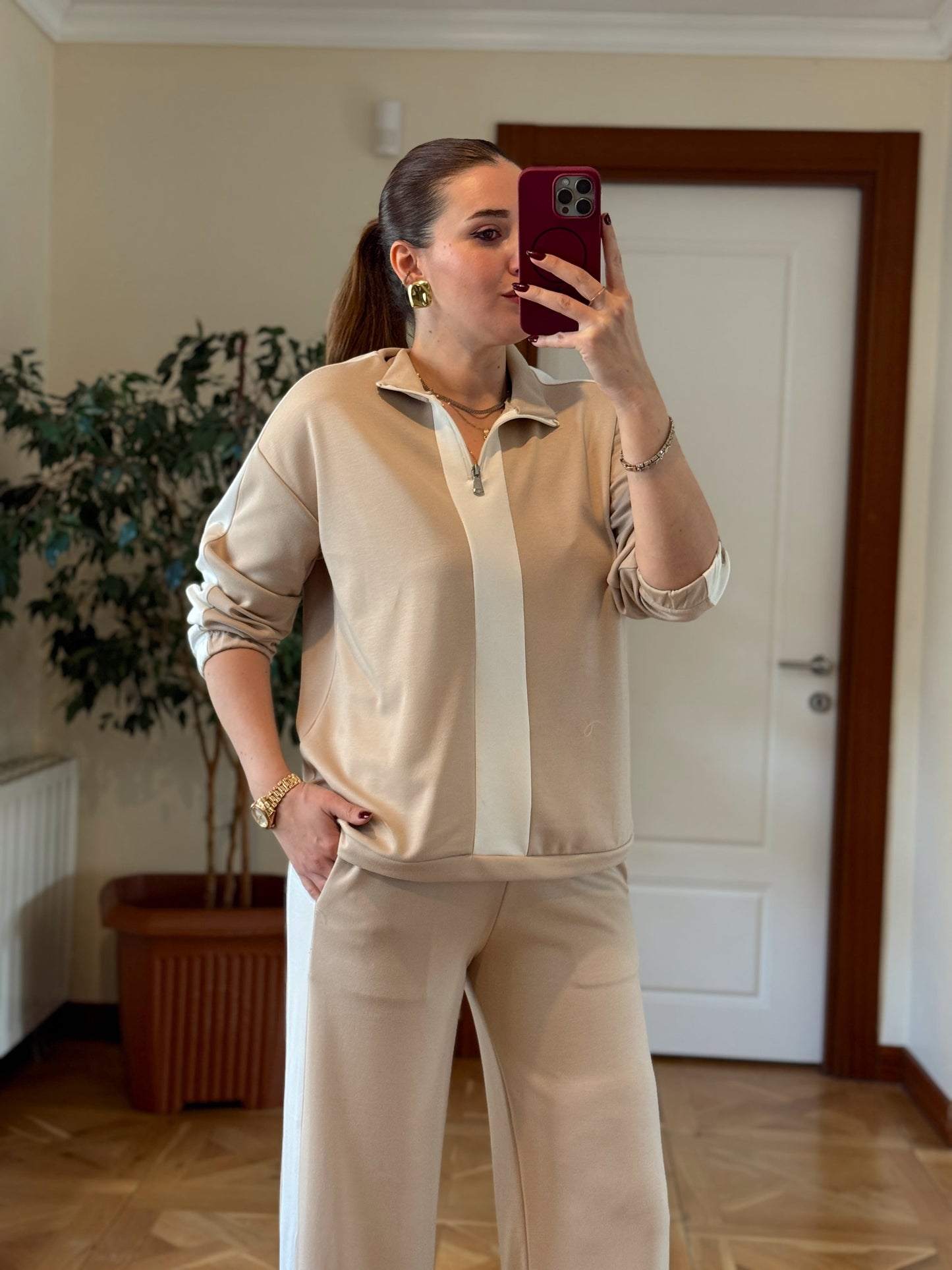 Yarım Fermuarlı Modal Takım Bej