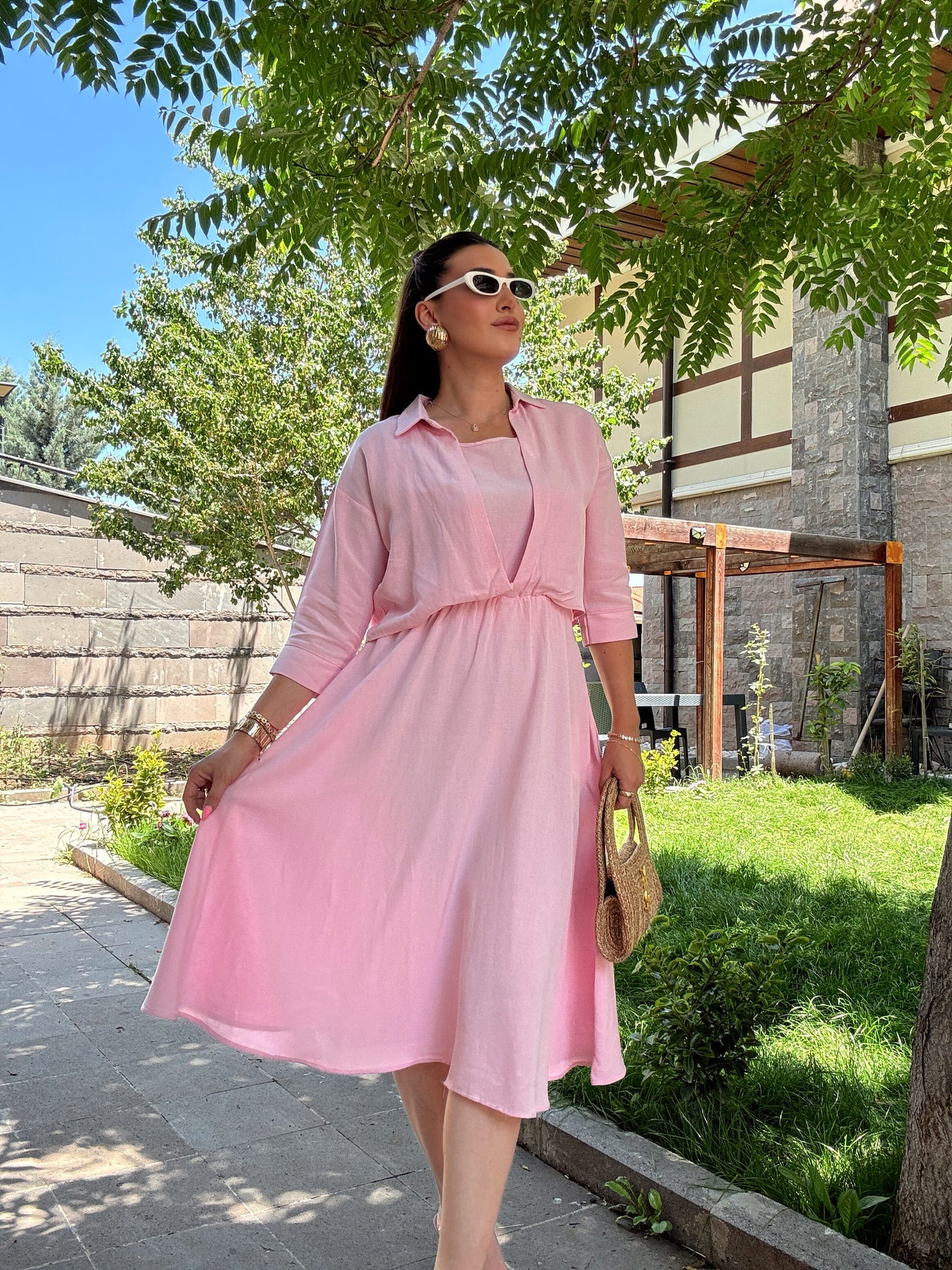 Gömlekli keten elbise Pembe