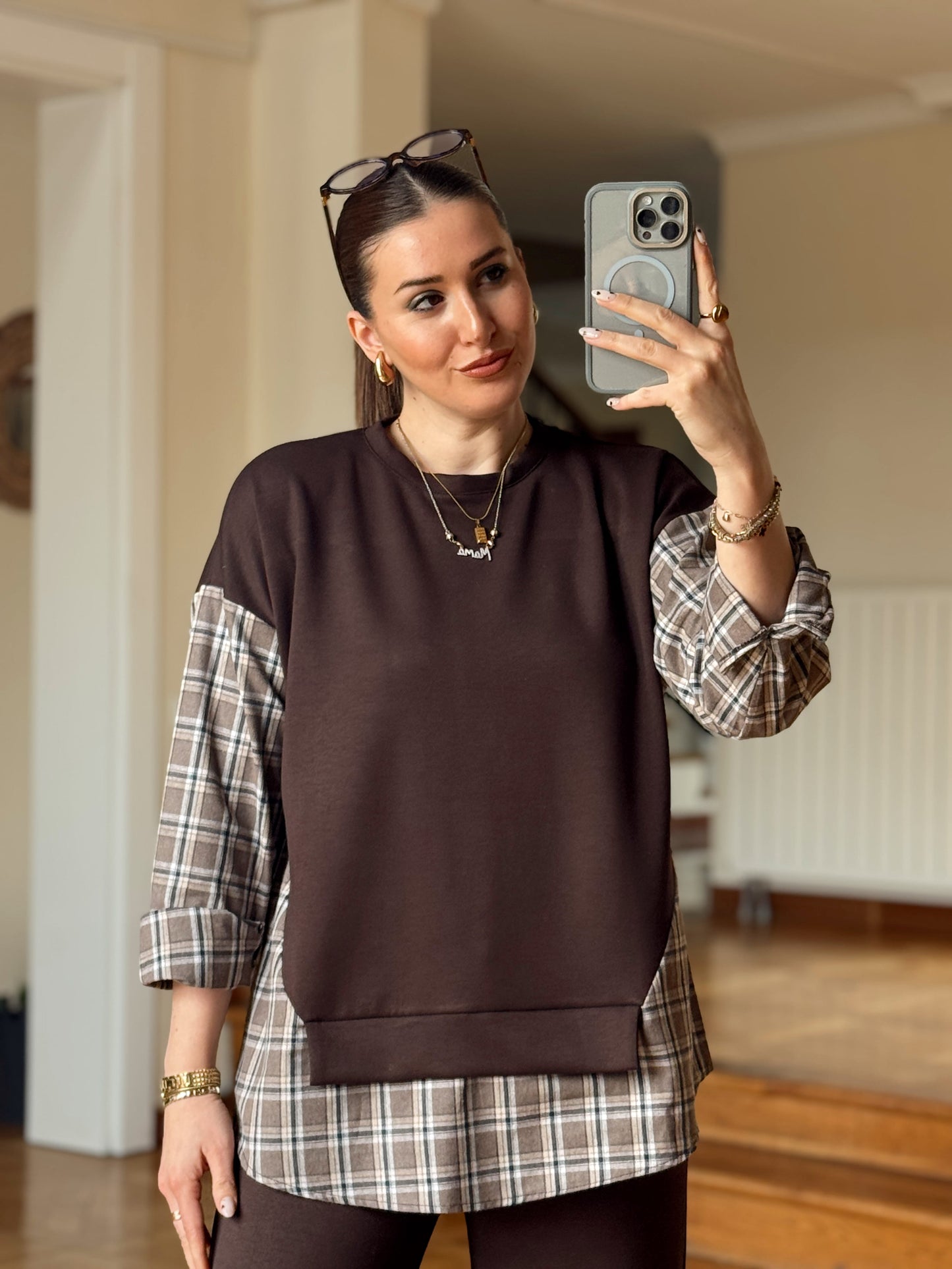 Ekose Desen Garnili Takım-KAHVERENGİ