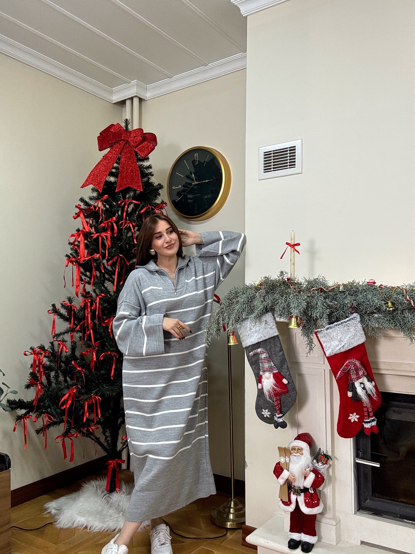 Fermuarlı çizgili triko elbise-GRİ