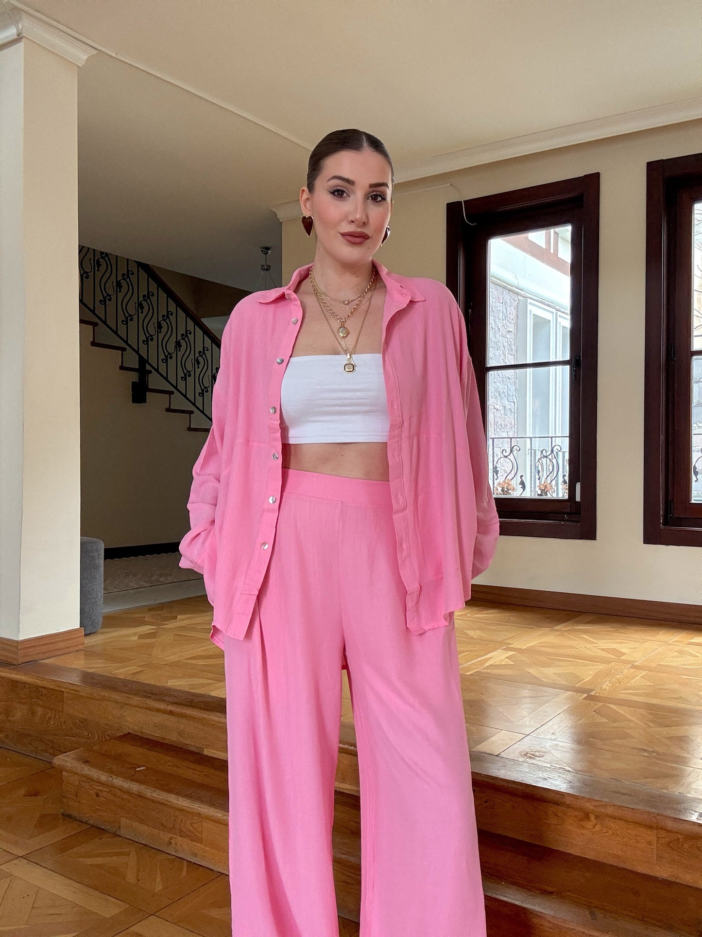 Gofre pantolonlu ikili takım Pembe