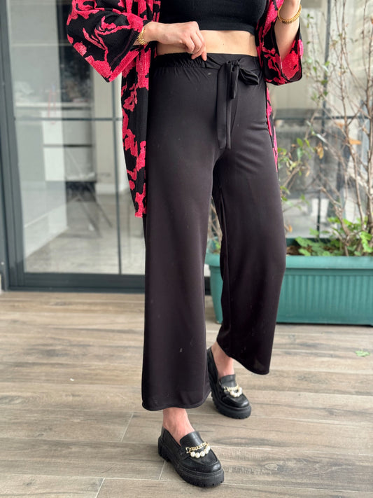 Kuşaklı Crep Kumaş Palazzo Pantolon-SİYAH