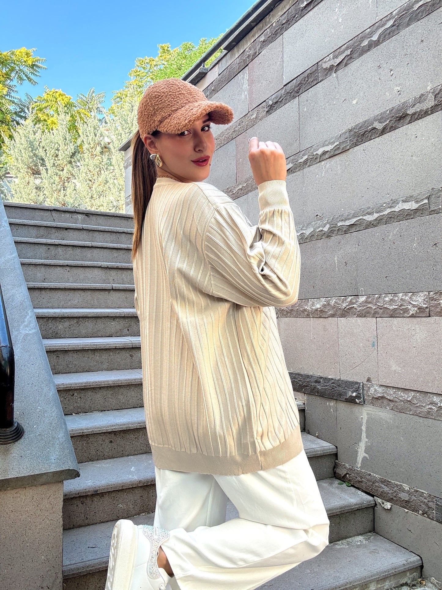 Şerit detaylı oversize premium kazak Taş