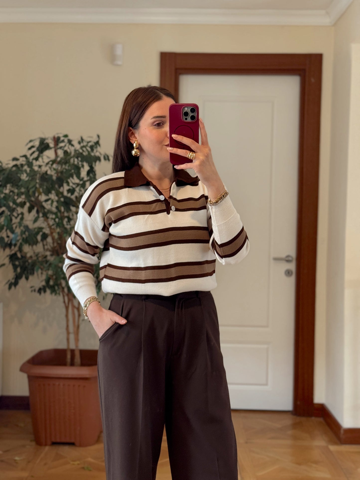 Düğmeli polo yaka triko kazak VİZON-BEJ