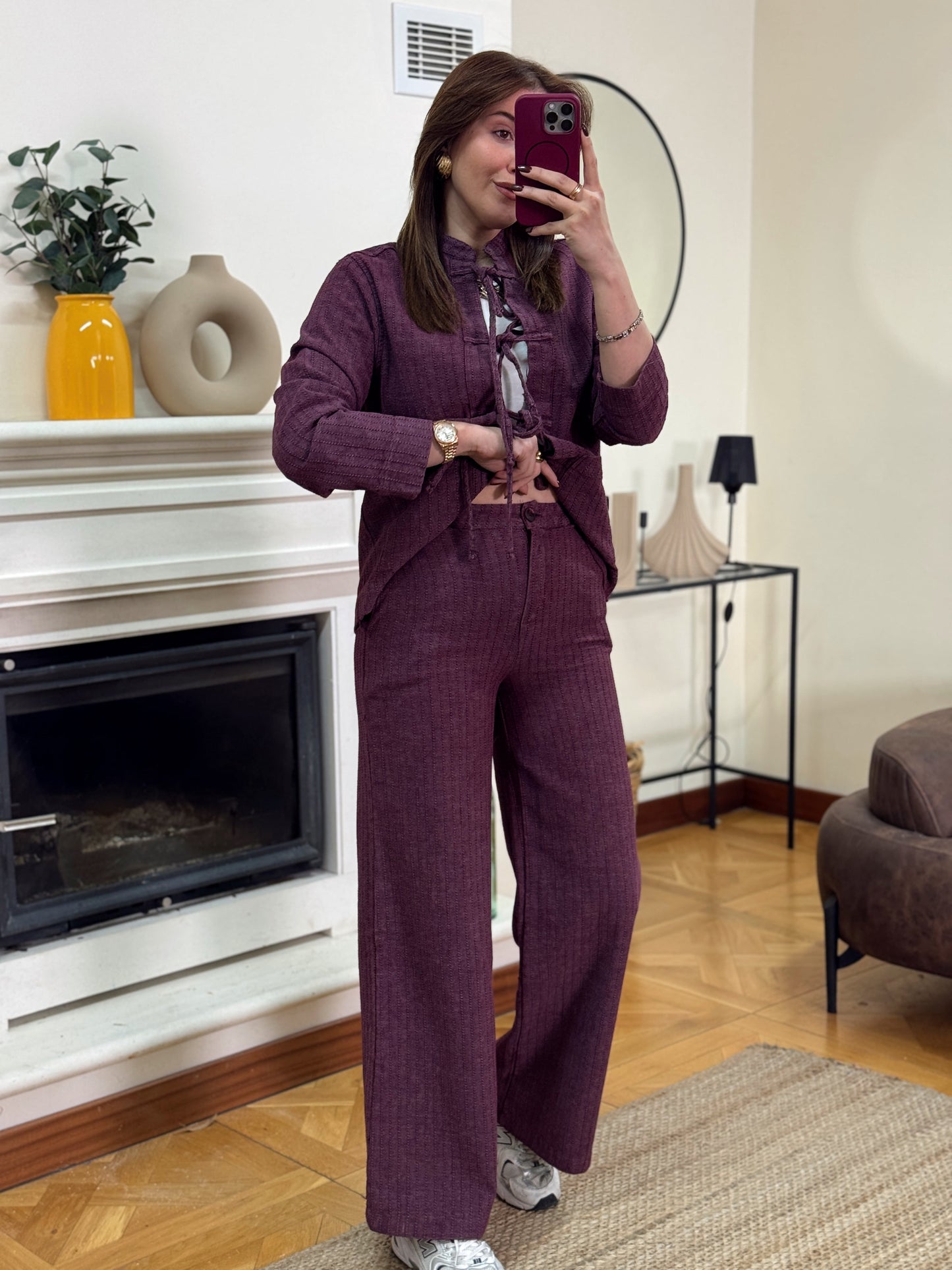 RUFFY bağlamalı yıkamalı gabardin ikili takım BORDO