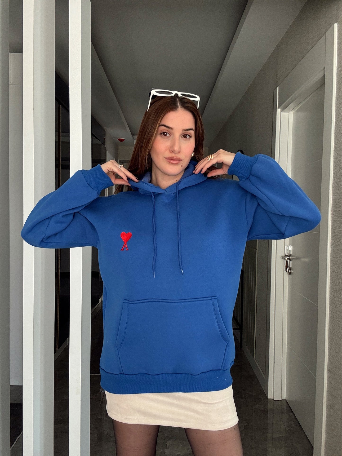 A Nakış Kapüşonlu Şardonlu 3 İplik Sweatshirt - SAKS MAVİ