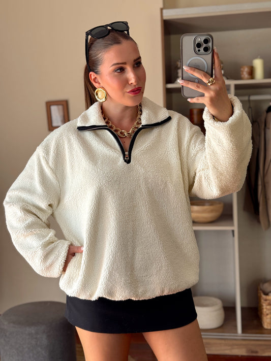 Fermuarlı Polat sweatshirt Beyaz