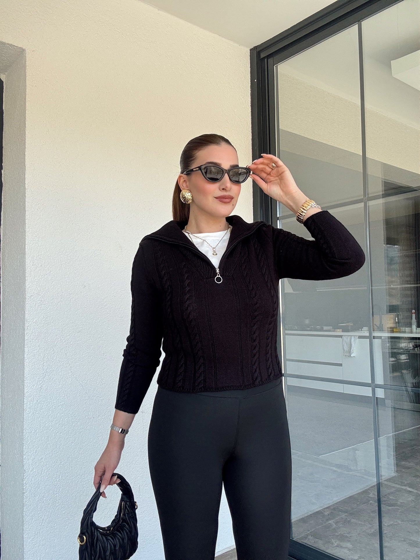 Saç Örgü Fermuarlı Spor Bluz - Siyah