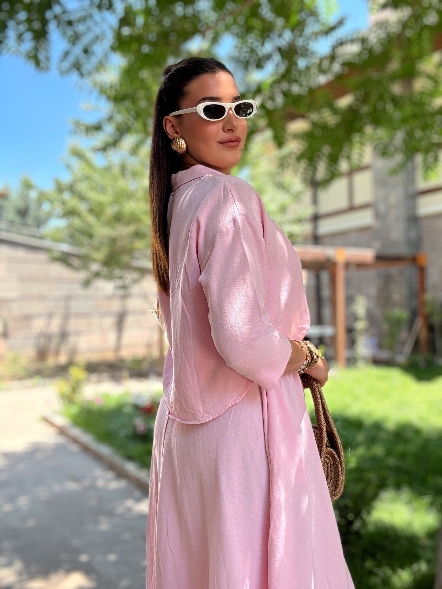 Gömlekli keten elbise Pembe